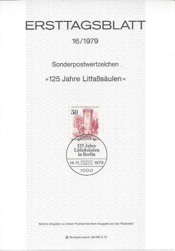 Bild 1 von Ersttagsblatt, 125 Jahre Litfaßsäulen, Berlin 1979