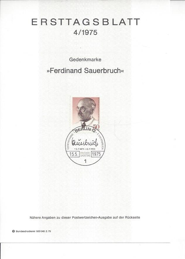 Bild 1 von Ersttagsblatt, Ferdinand Sauerbruch, 15.05.1975, Berlin