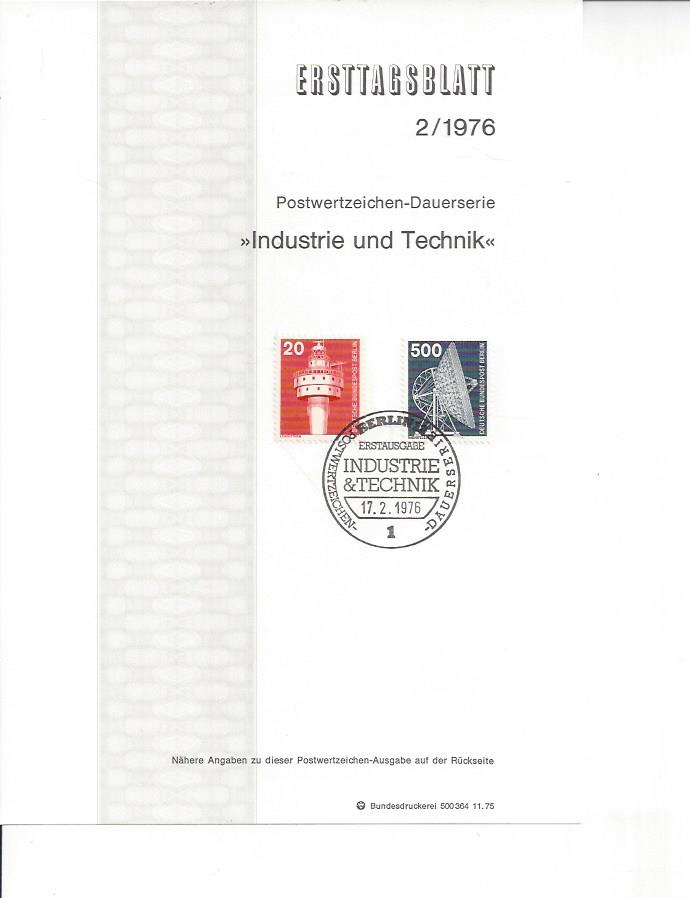 Bild 1 von Ersttagsblatt, Industrie und Technik 20, 500 v. 17.02.1976 Berlin