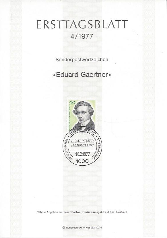 Bild 1 von Ersttagsblatt, Eduard Gaertner, 1977 Berlin