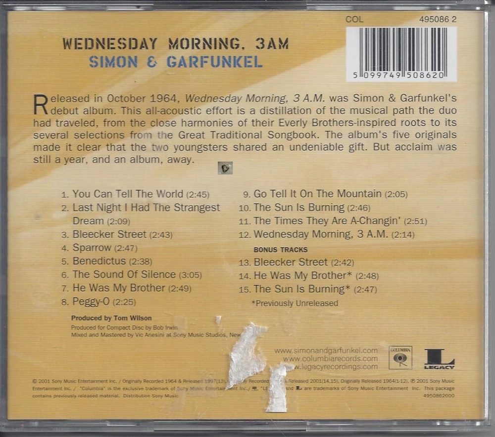 Wednesday morning, 3 AM, Simon and Garfunkel, CD.