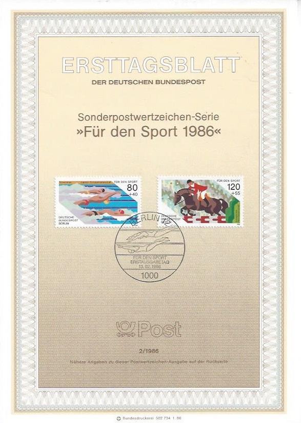 Bild 1 von Ersttagsblatt, Für den Sport 1986, BRD
