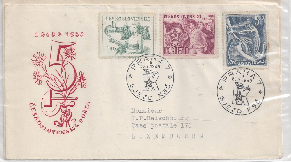 Bild 1 von Ersttagsbrief FDC Tschechoslowakei, 25.05.1949 - Praha 7, SJEZD KSt, Brief gestempelt