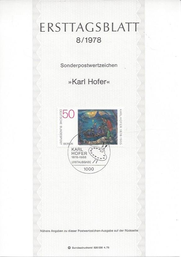 Bild 1 von Ersttagsblatt, Karl Hofer, Berlin 1978