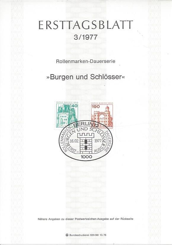 Bild 1 von Ersttagsblatt, Burgen und Schlösser 40 und 190, 1977 Berlin