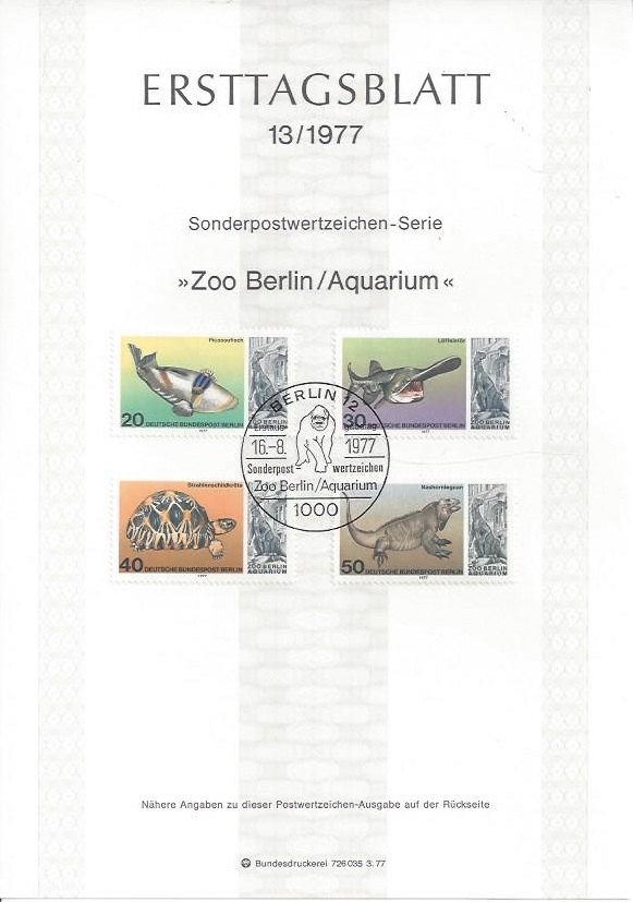 Bild 1 von Ersttagsblatt, Zoo Berlin Aquarium 20, 30, 40, 50, 1977 Berlin