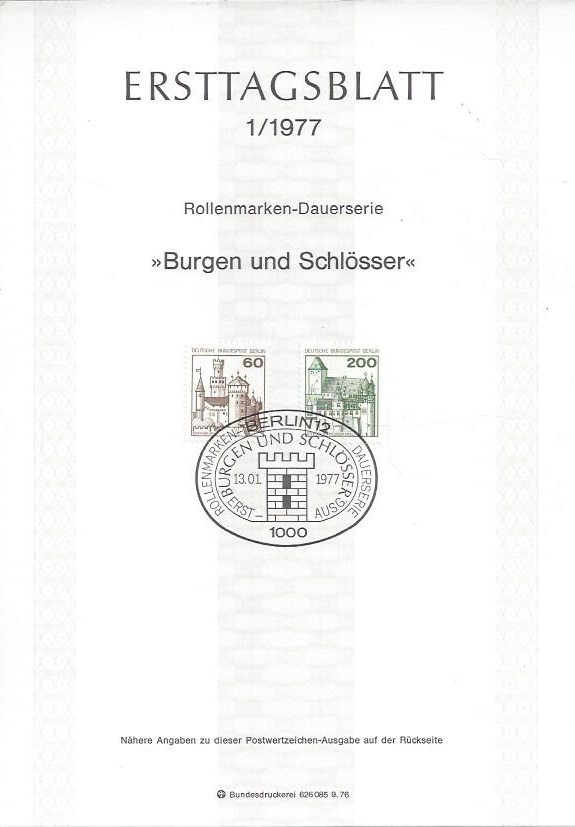 Bild 1 von Ersttagsblatt, Burgen und Schlösser 60 und 200, 1977 Berlin