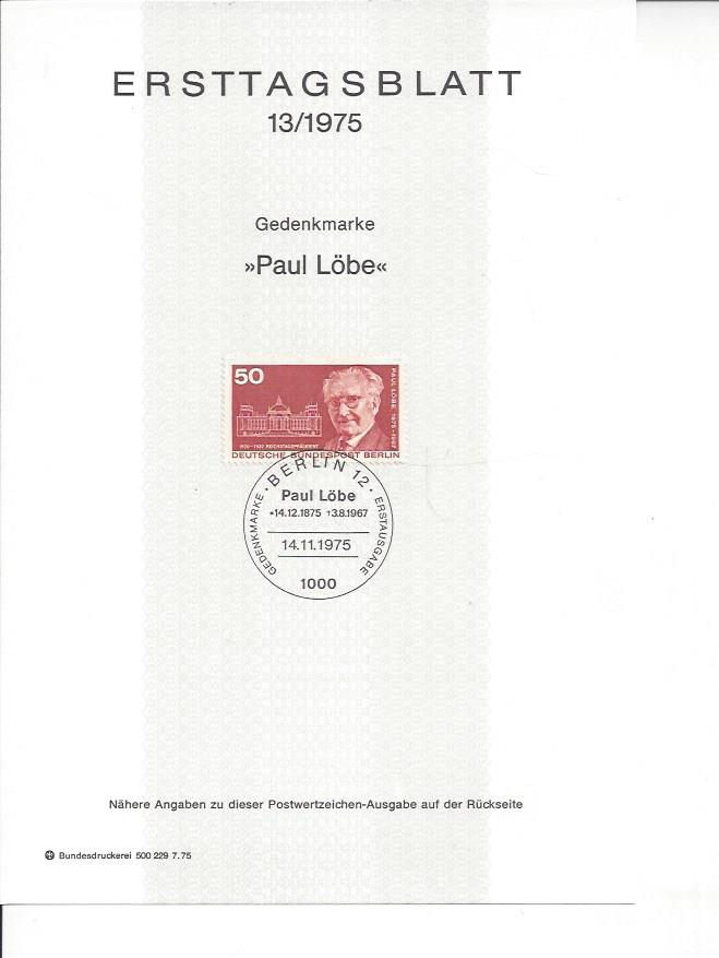 Bild 1 von Ersttagsblatt, Paul Löbe 50, 14.11.1975, Berlin