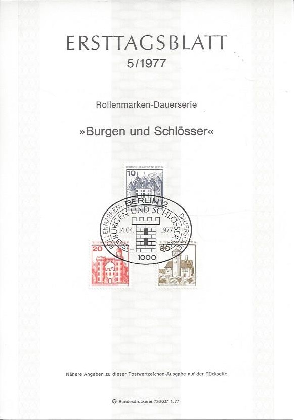 Bild 1 von Ersttagsblatt, Burgen und Schlösser 10 und 20 und 30, 1977 Berlin