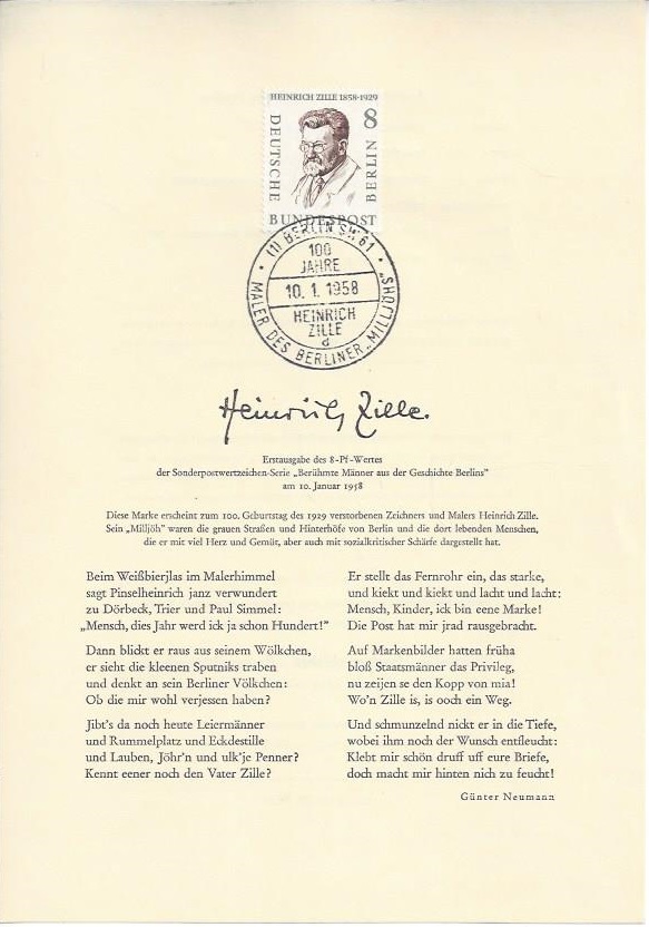 Bild 1 von Ersttagsblatt, Heinrich Zille 8, 10.01.1958, Berlin